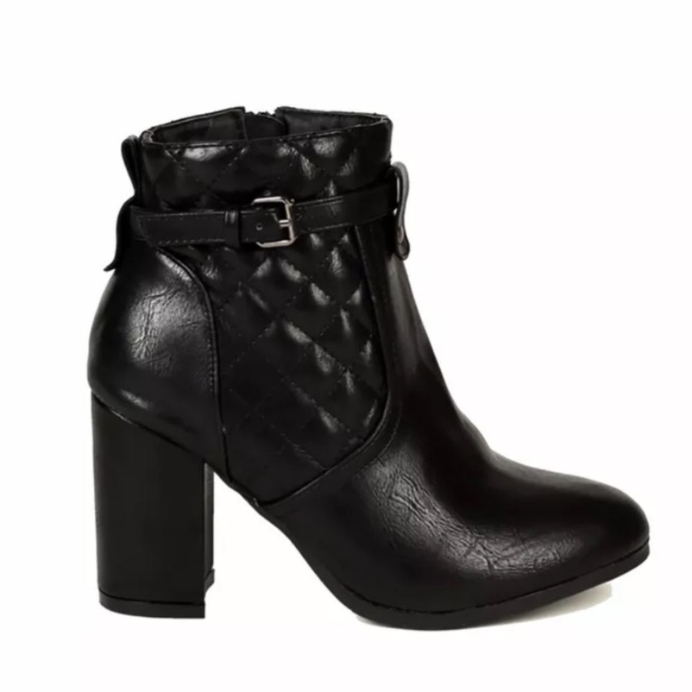 Nature Breeze Black Quilted Chunky Heel Ankle Boots